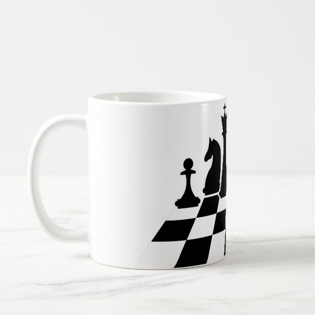 Black chess pieces on a chessboard coffee mug (Left)