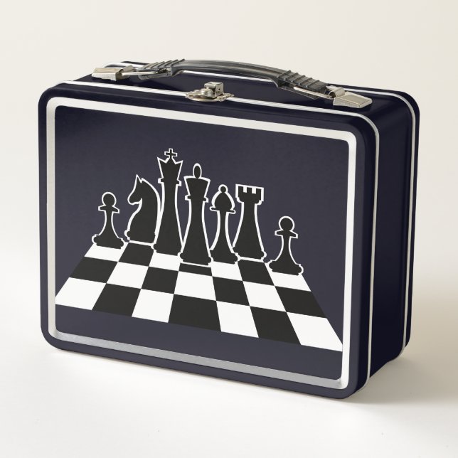 Black chess pieces on a chessboard metal lunch box (Front)