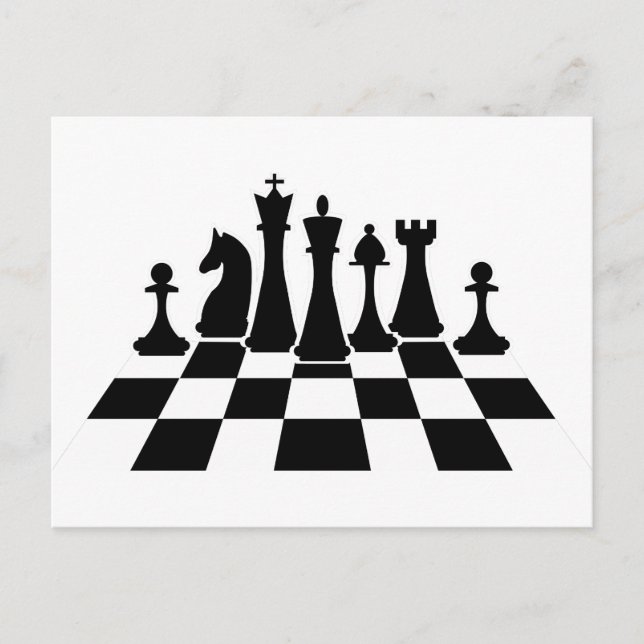 Black chess pieces on a chessboard postcard (Front)