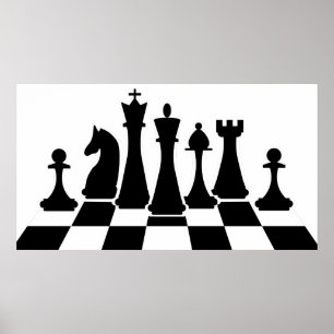 Black chess pieces on a chessboard poster