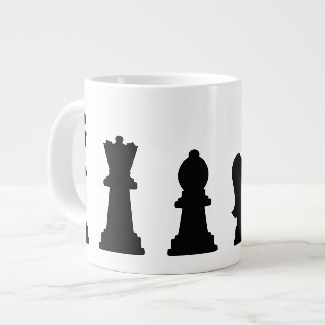 Black chess pieces on white large coffee mug (Front Left)