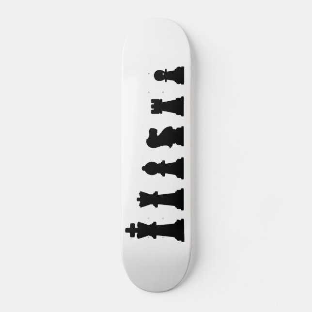 Black chess pieces on white skateboard (Front)