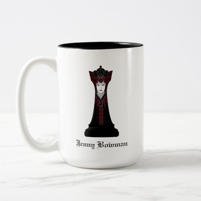 Black Chess queen / Personalised Name Two-Tone Coffee Mug (Left)