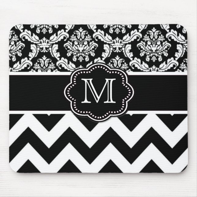 Black Chevron Damask Personalised Mousepad (Front)