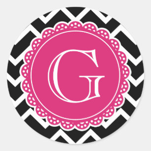 Black Chevron Hot Pink Monogram Classic Round Sticker