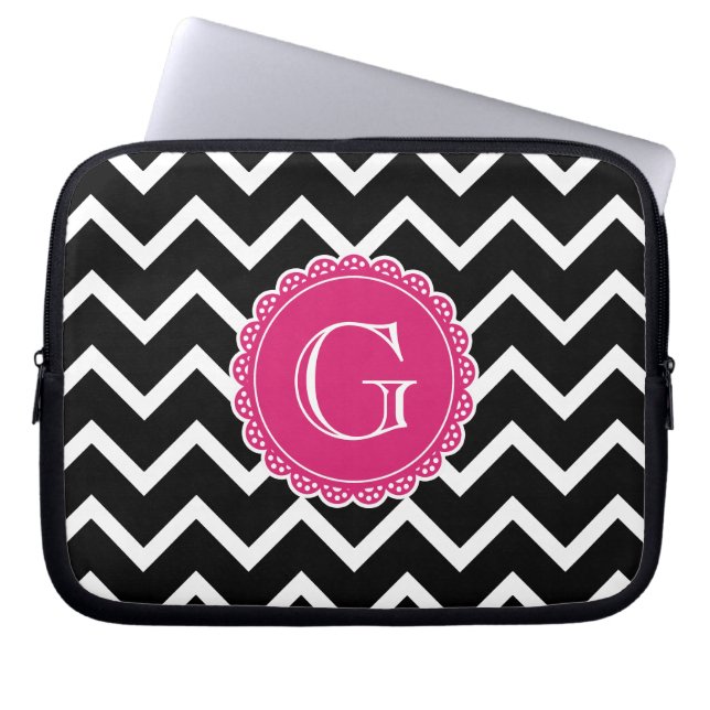 Black Chevron Hot Pink Monogram Laptop Sleeve (Front)
