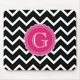 Black Chevron Hot Pink Monogram Mouse Mat