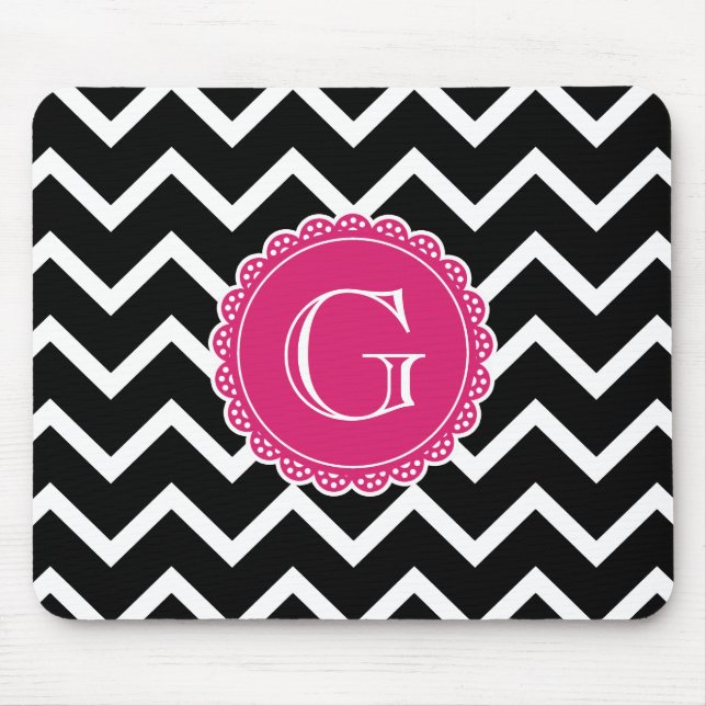Black Chevron Hot Pink Monogram Mouse Mat (Front)