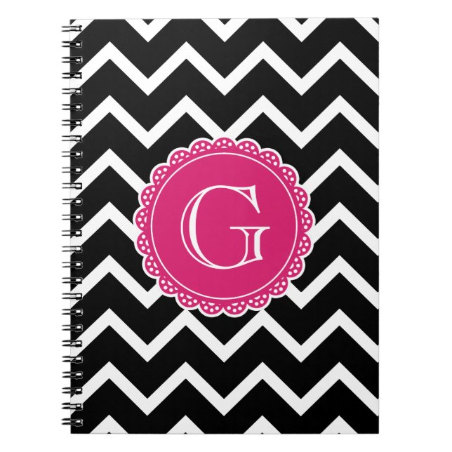 Black Chevron Hot Pink Monogram Notebook (Front)