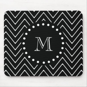 Black Chevron Pattern Black Monogram Mouse Mat