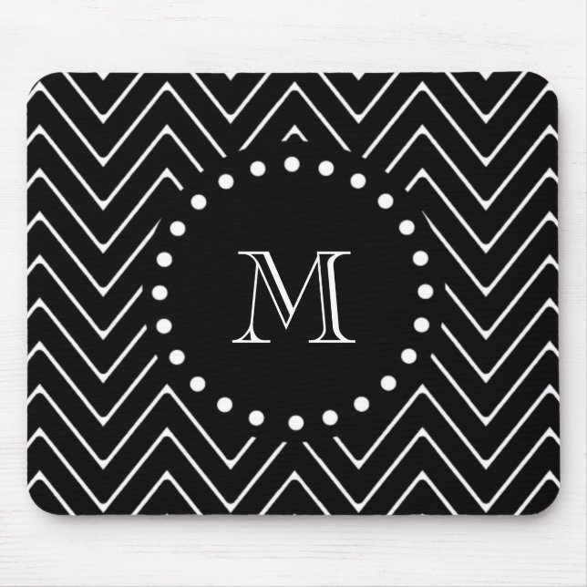 Black Chevron Pattern | Black Monogram Mouse Mat (Front)