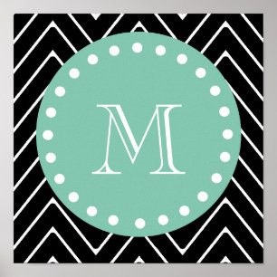 Black Chevron Pattern Mint Green Monogram Poster