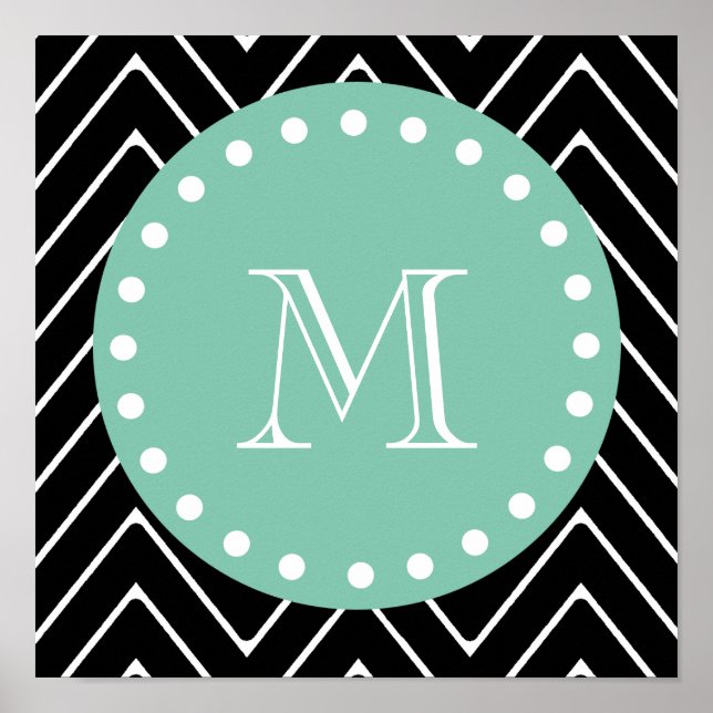 Black Chevron Pattern | Mint Green Monogram Poster (Front)