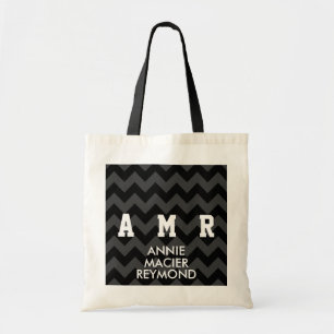 black chevron personalised custom initials tote bag