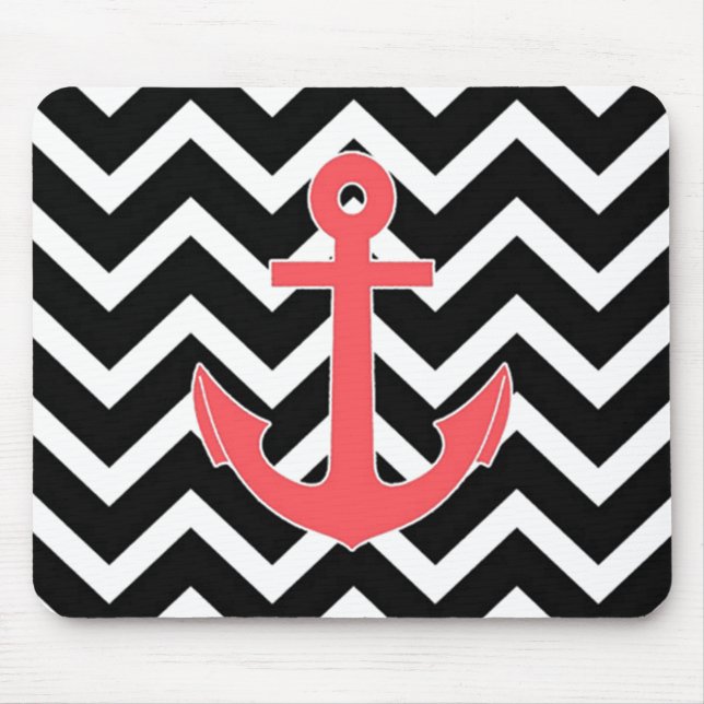 Black Chevron Pink Anchor Mouse Mat (Front)