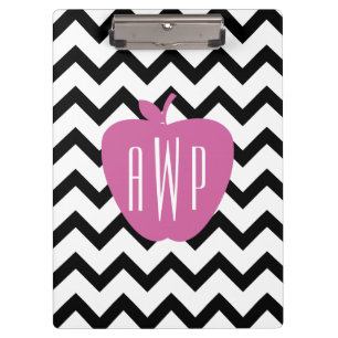 Black Chevron Pink Apple Monogram Teacher Clipboard