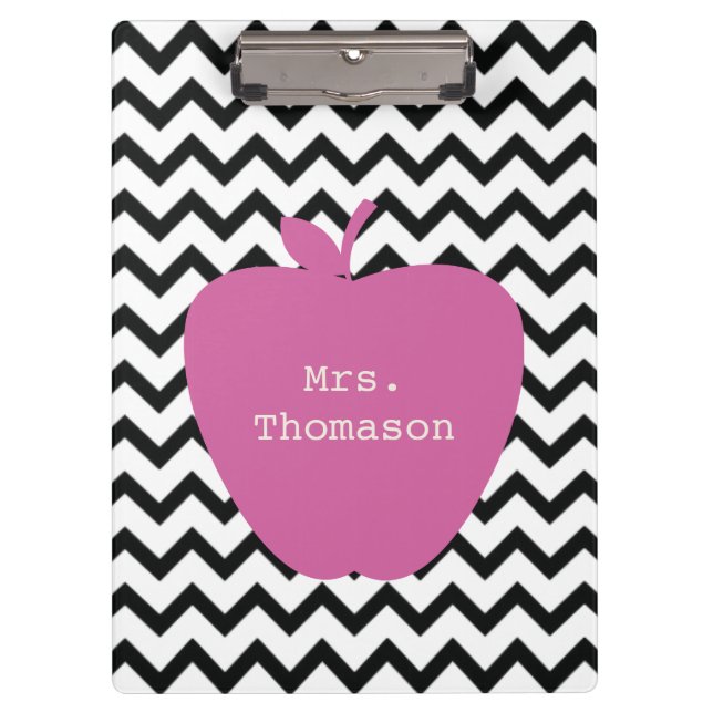 Black Chevron Pink Apple Teacher Clipboard (Front)