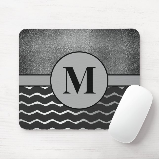 Black Chevron Silver Glitter Monogram Initial Mouse Mat (With Mouse)