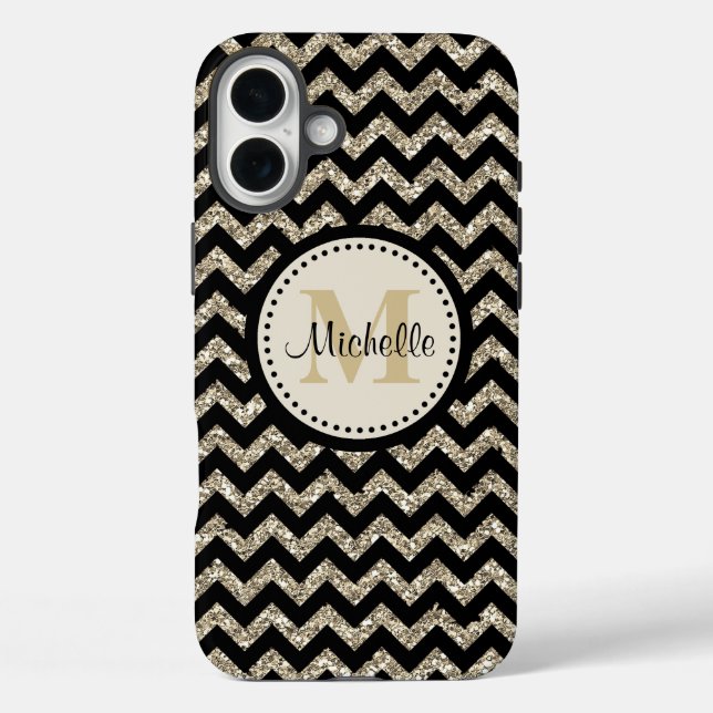Black Chevron Silver Gold Monogram Case-Mate iPhone Case (Back)