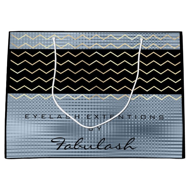 Black Chevron Stripes Blue Grey Metallic Grill Large Gift Bag (Front)