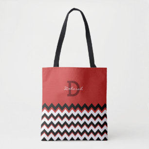 black chevron stripes + name on red tote bag