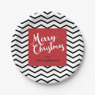 Black Chevrons & Red, Merry Christmas Personalised Paper Plate