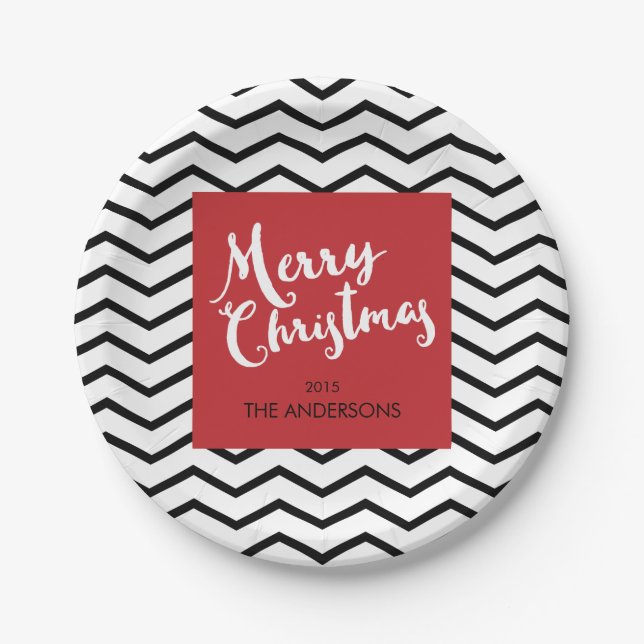 Black Chevrons & Red, Merry Christmas Personalised Paper Plate (Front)