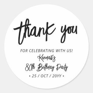 Black Chic Brush Script Birthday Party Thank you Classic Round Sticker