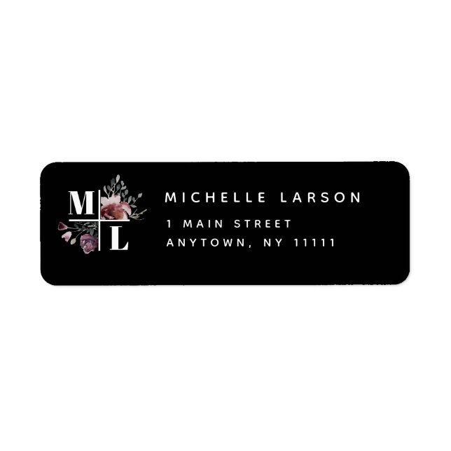Black Chic Floral Monogram Return Address Label (Front)