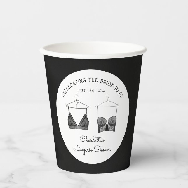 Black Chic Lace Watercolor Lingerie Bridal Shower Paper Cups (Front)