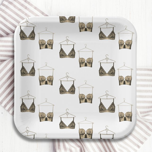 Black Chic Lace Watercolor Lingerie Bridal Shower  Paper Plate (Creator Uploaded)