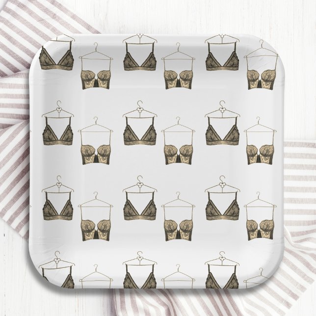 Black Chic Lace Watercolor Lingerie Bridal Shower  Paper Plate (Creator Uploaded)