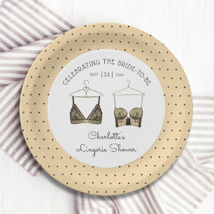 Black Chic Lace Watercolor Lingerie Bridal Shower Paper Plate