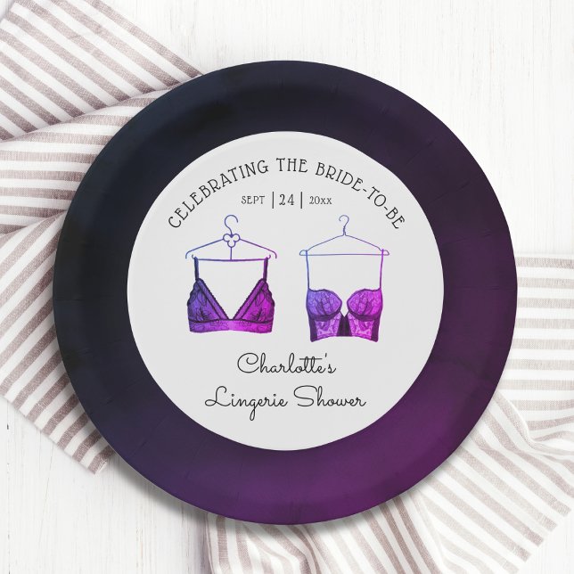 Black Chic Lace Watercolor Lingerie Bridal Shower Paper Plate (Creator Uploaded)