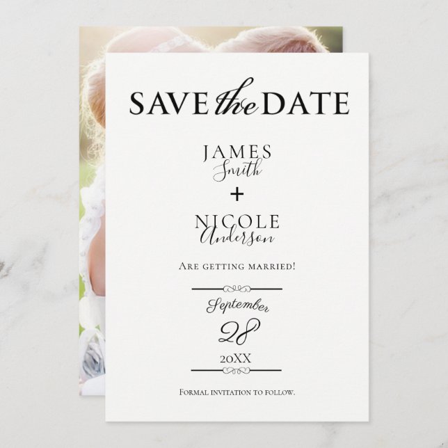 Black Chic Modern Minimal Full Photo Save the Date Invitation (Front/Back)