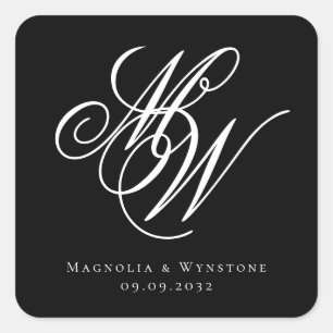Black Chic Monogram Wedding Square Sticker