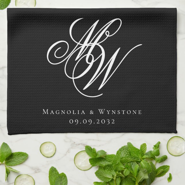 Black Chic Monogram Wedding Tea Towel (Folded)