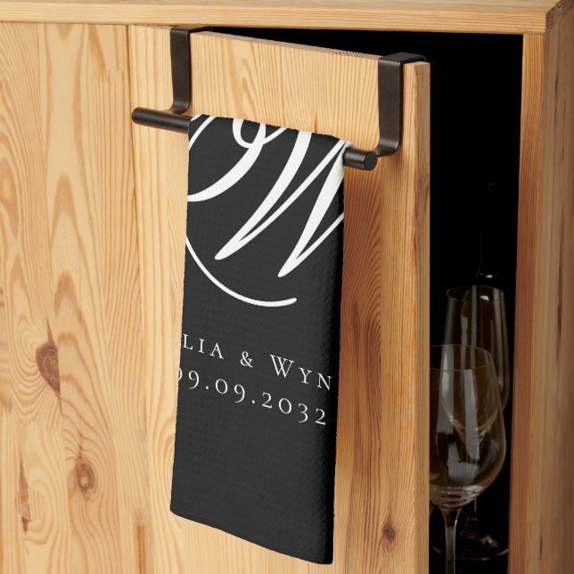 Black Chic Monogram Wedding Tea Towel (Thirds Fold)
