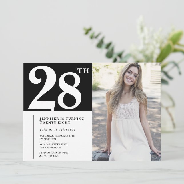 Black Chic Photo 28th birthday Invitations (Standing Front)
