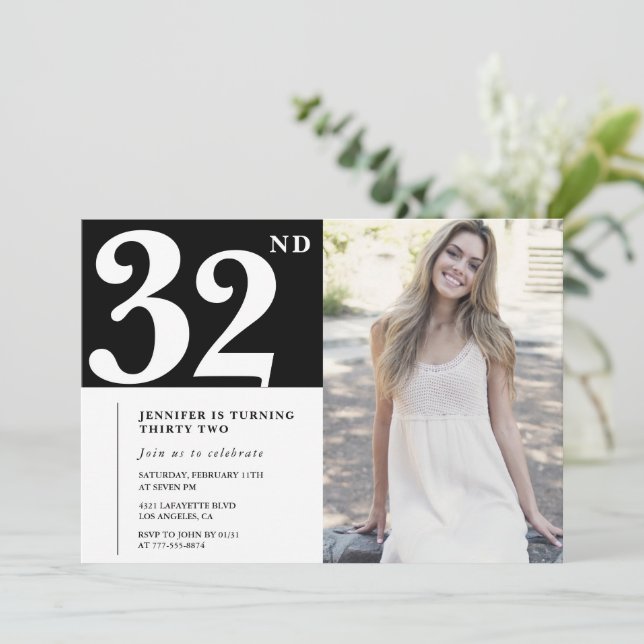 Black Chic Photo 32nd birthday Invitations (Standing Front)
