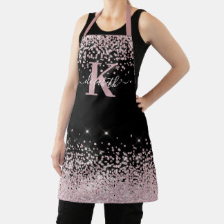 Black Chic Rose Gold Diamond Glitter Monogrammed  Apron