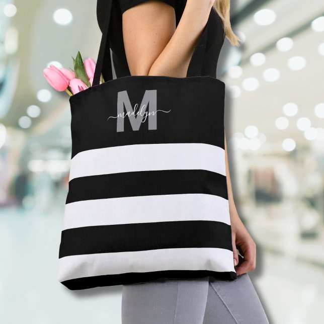 Black Chic Stripes Name Monogrammed Tote Bag (Black Chic Stripes Name Monogrammed Tote Bag )