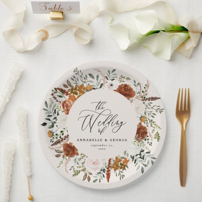 Black chic terracotta floral rustic elegant modern paper plate (Wedding)