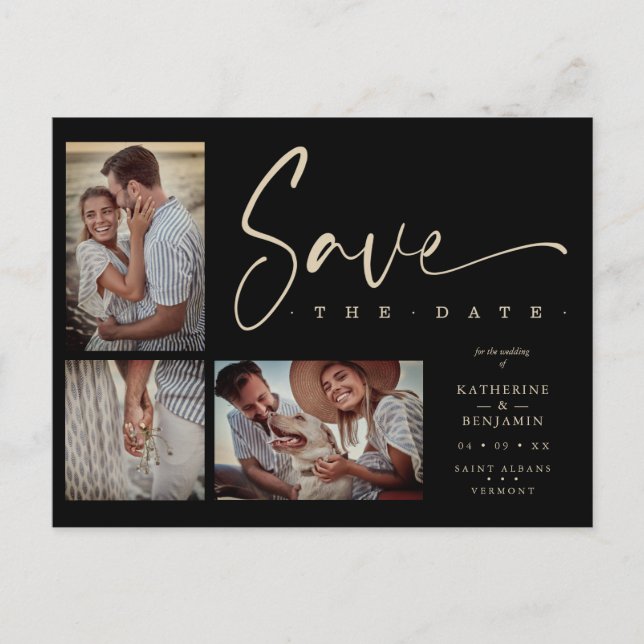 Black Chic Trendy Collage Wedding 3 Photos Postcard (Front)