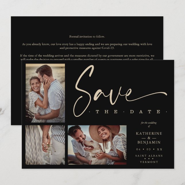 Black Chic Trendy Collage Wedding Covid19 3 Photos (Front/Back)