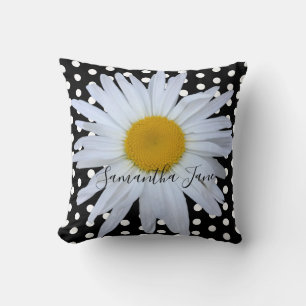 Black Chic White Polka Dots Daisy Custom Cushion