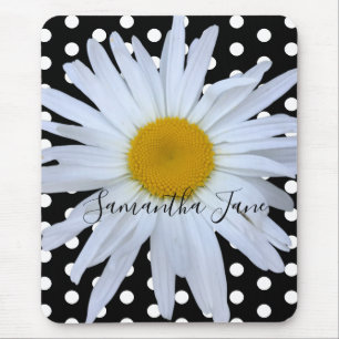 Black Chic White Polka Dots Daisy Custom Mouse Mat