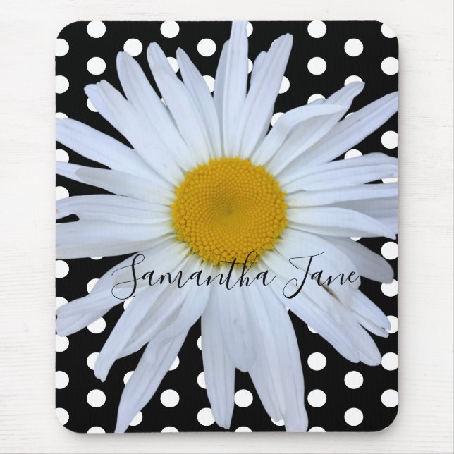 Black Chic White Polka Dots Daisy Custom Mouse Mat (Front)