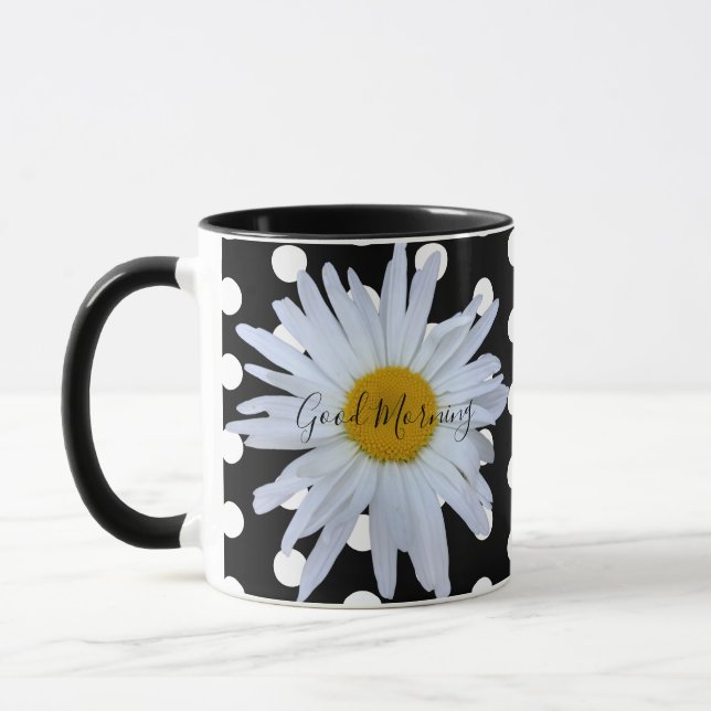 Black Chic White Polka Dots Daisy Custom Mug (Left)