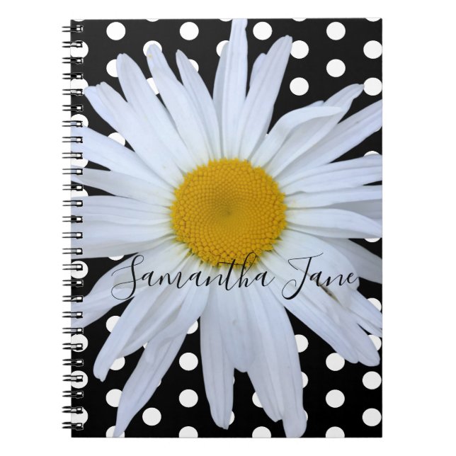 Black Chic White Polka Dots Daisy Custom Notebook (Front)